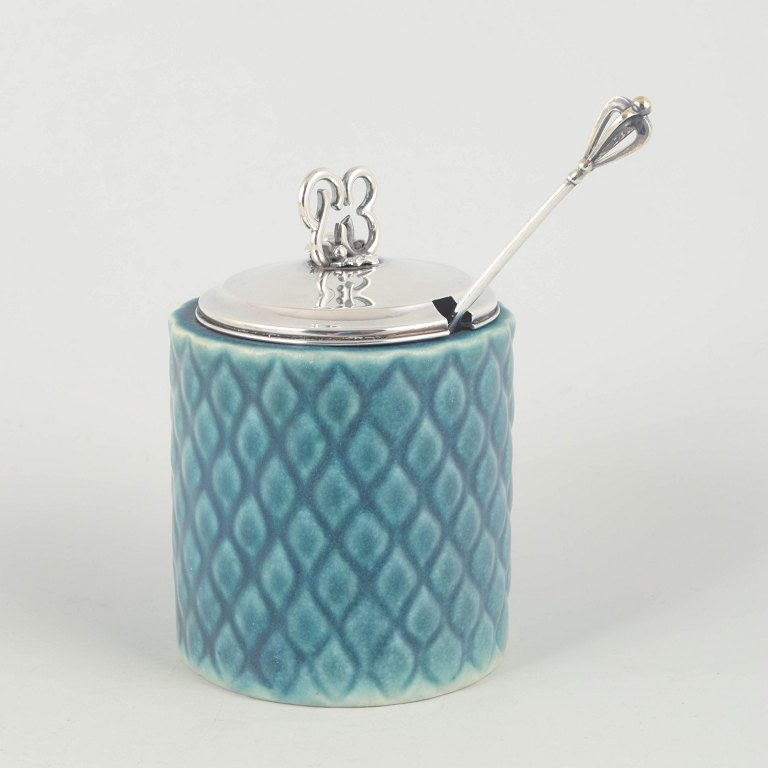 Erik Rahr for Saxbojam jar with 830 silver lid and 830 silver spoon, mid-20th century.