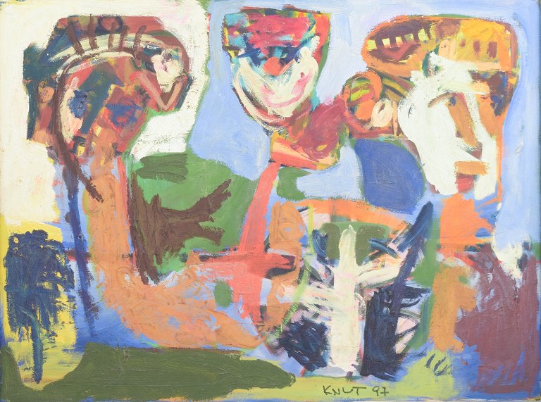 Abstrakt ekspressionistisk maleri i Cobra-stil, signeret Knut 1997. Skandinavisk kunstner.