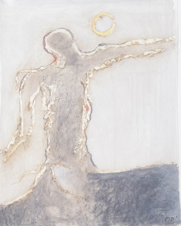 Nis Schmidt, "OP 1", mixed media på papir, listet dansk billedkunstner.
