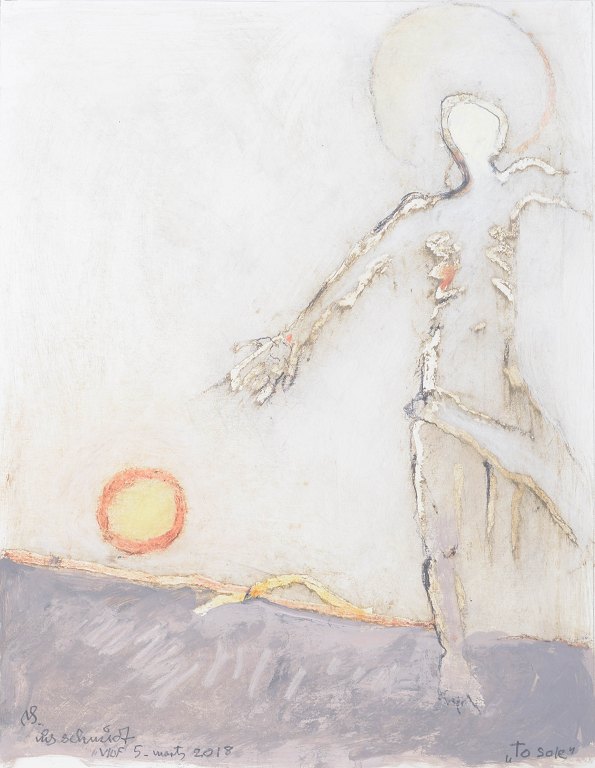 Nis Schmidt, "To sole", mixed media på papir, listet dansk billedkunstner.