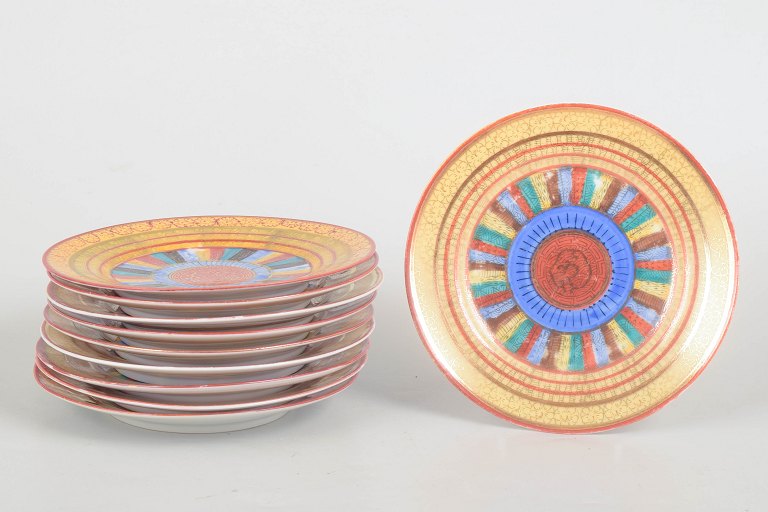 Japansk Kutani Art Deco, sæt med ti tallerkener.