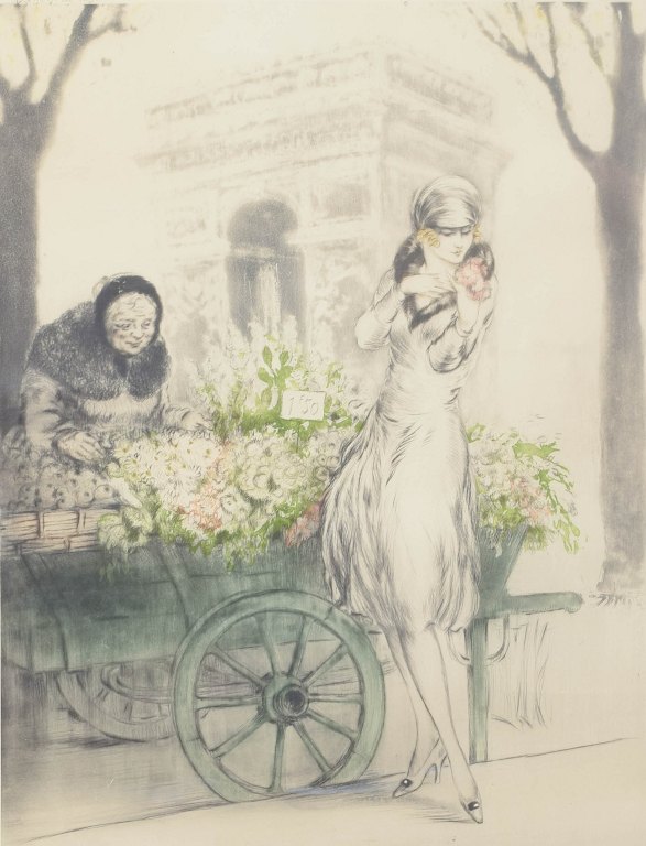 Louis Icart, radering, listet fransk kunstner."Marchande de Fleurs" eller "Fleurs de Paris"