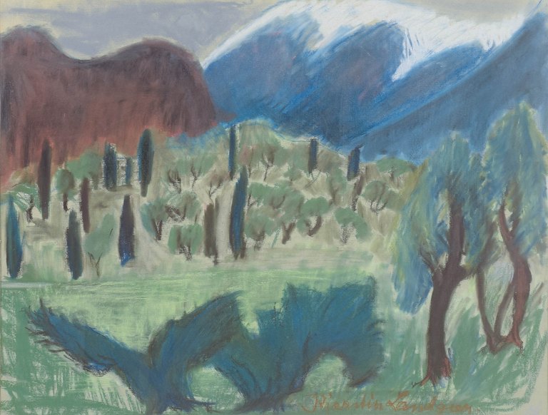 Kjerstin Landgren, modernist landscape, mixed media on paper, listed Swedish artist.