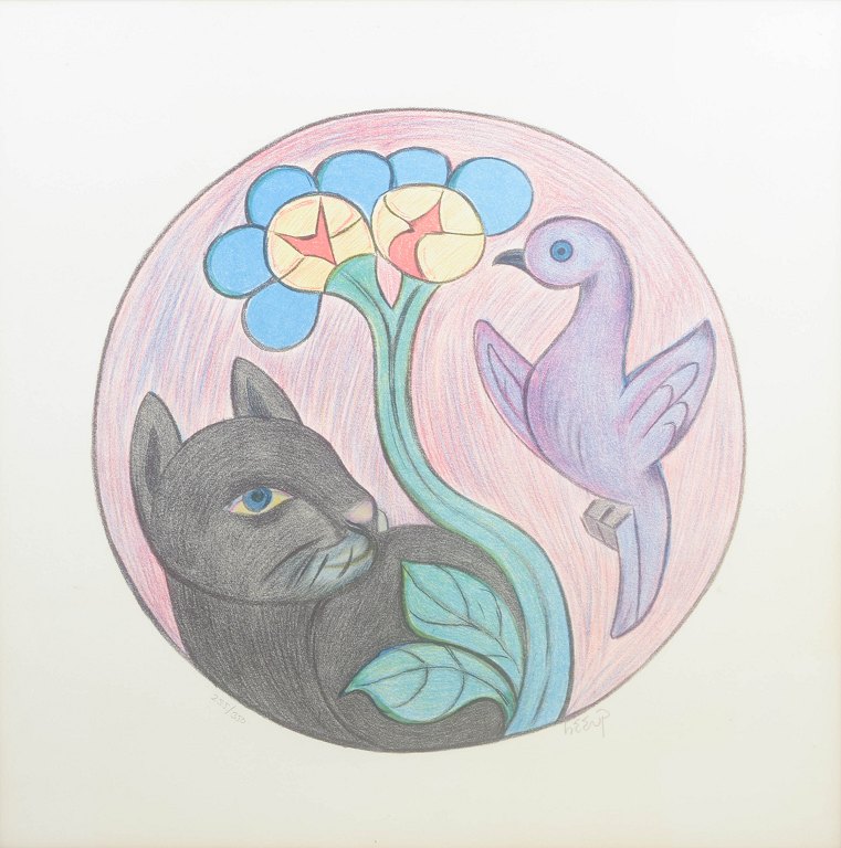 Henry Heerup, "Katten og Fuglen" farvelitografi, dansk billedkunstner.